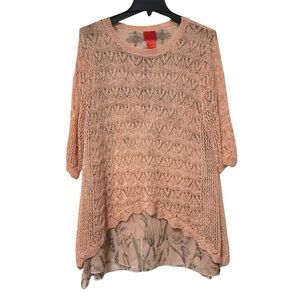 V Christina Crochet Knit Scalloped Hem Sweater Peach Orange Size XL‎